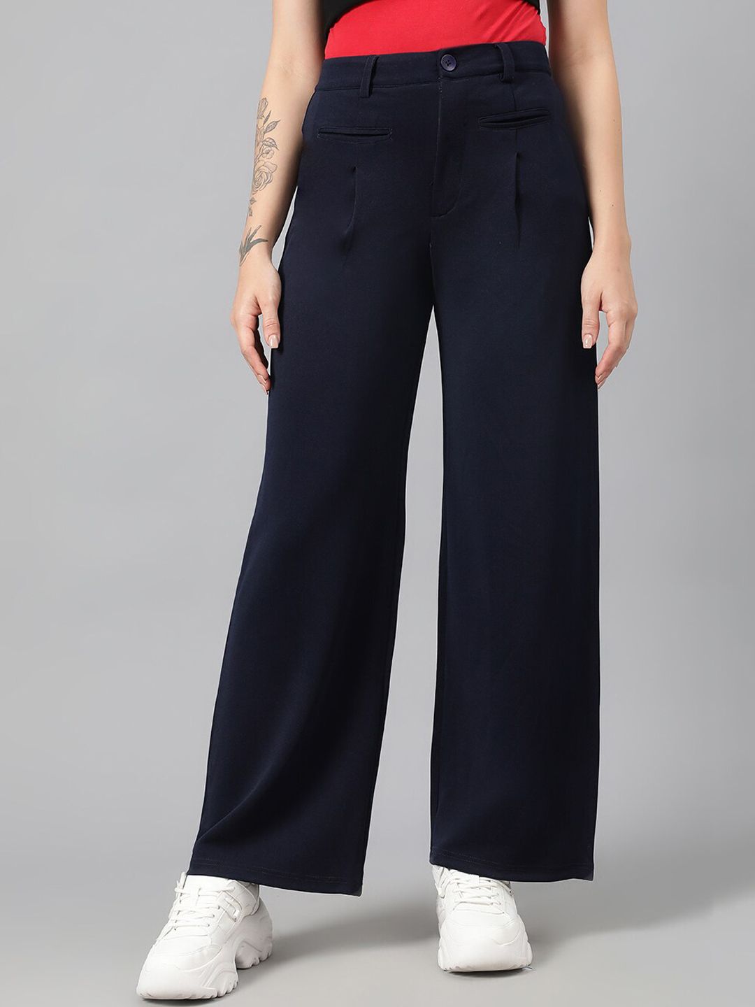 Kotty Women Navy Blue Relaxed Straight Leg Fit High-Rise Easy Wash Parallel Trousers
