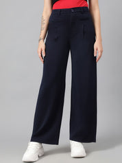 Kotty Women Navy Blue Relaxed Straight Leg Fit High-Rise Easy Wash Parallel Trousers
