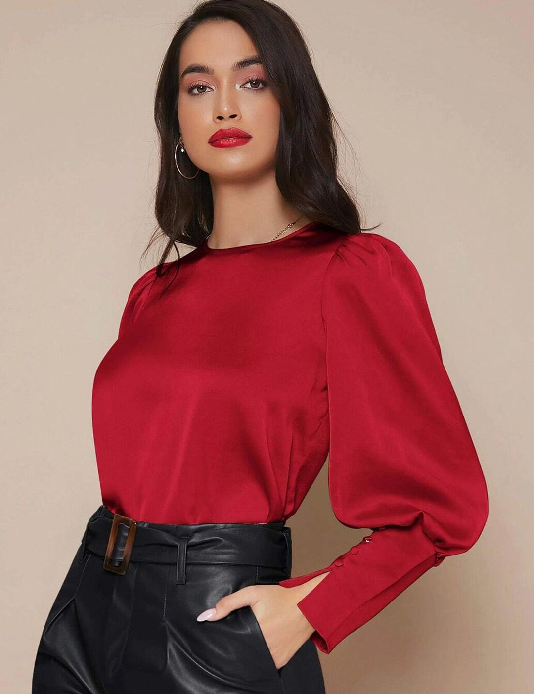 Kotty Red Puff Sleeves Satin Top