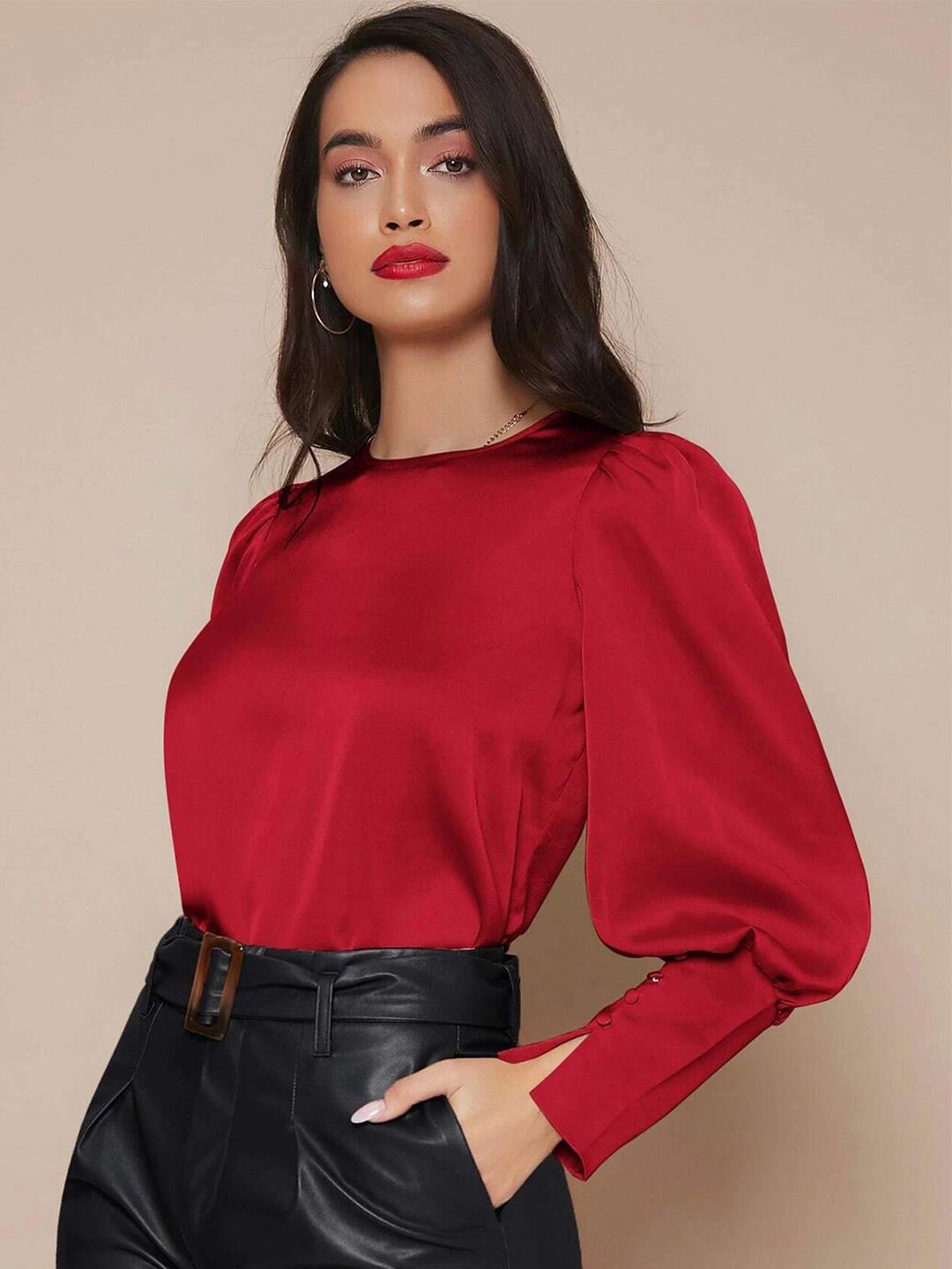 Kotty Red Puff Sleeves Satin Top