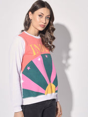 Kotty White & Orange Colourblocked Fleece Pullover Sweatshirt