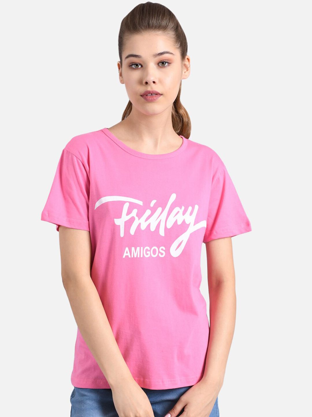 Kotty Women Pink Printed Round Neck T-shirt
