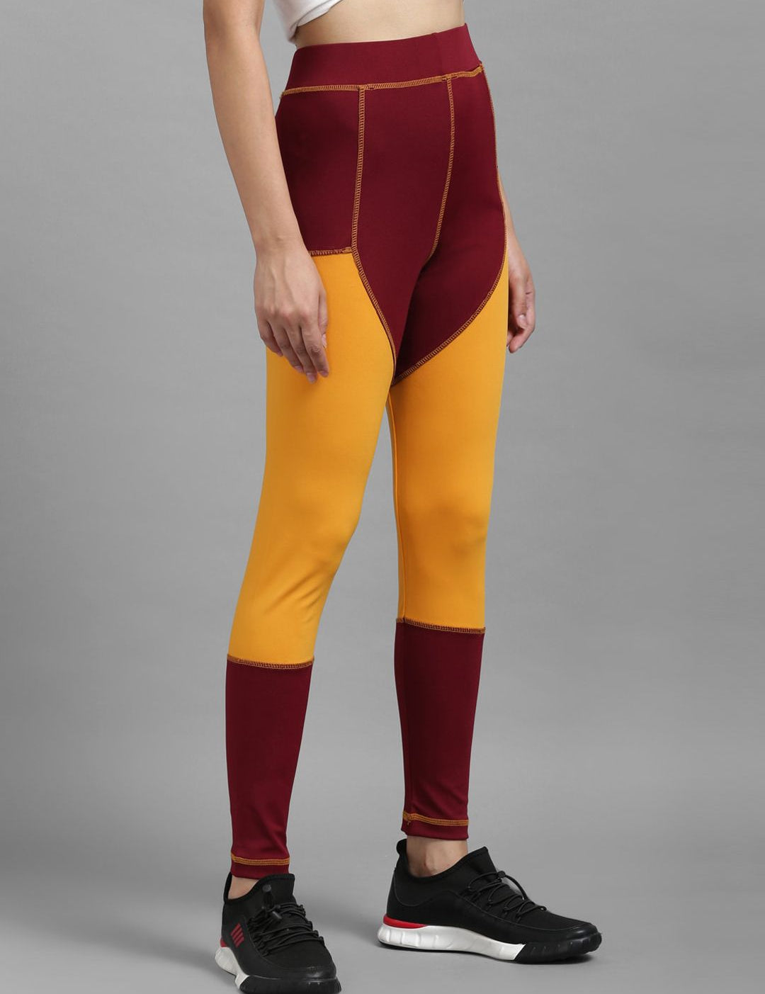 Kotty Women Yellow & Maroon Colourblocked Tights