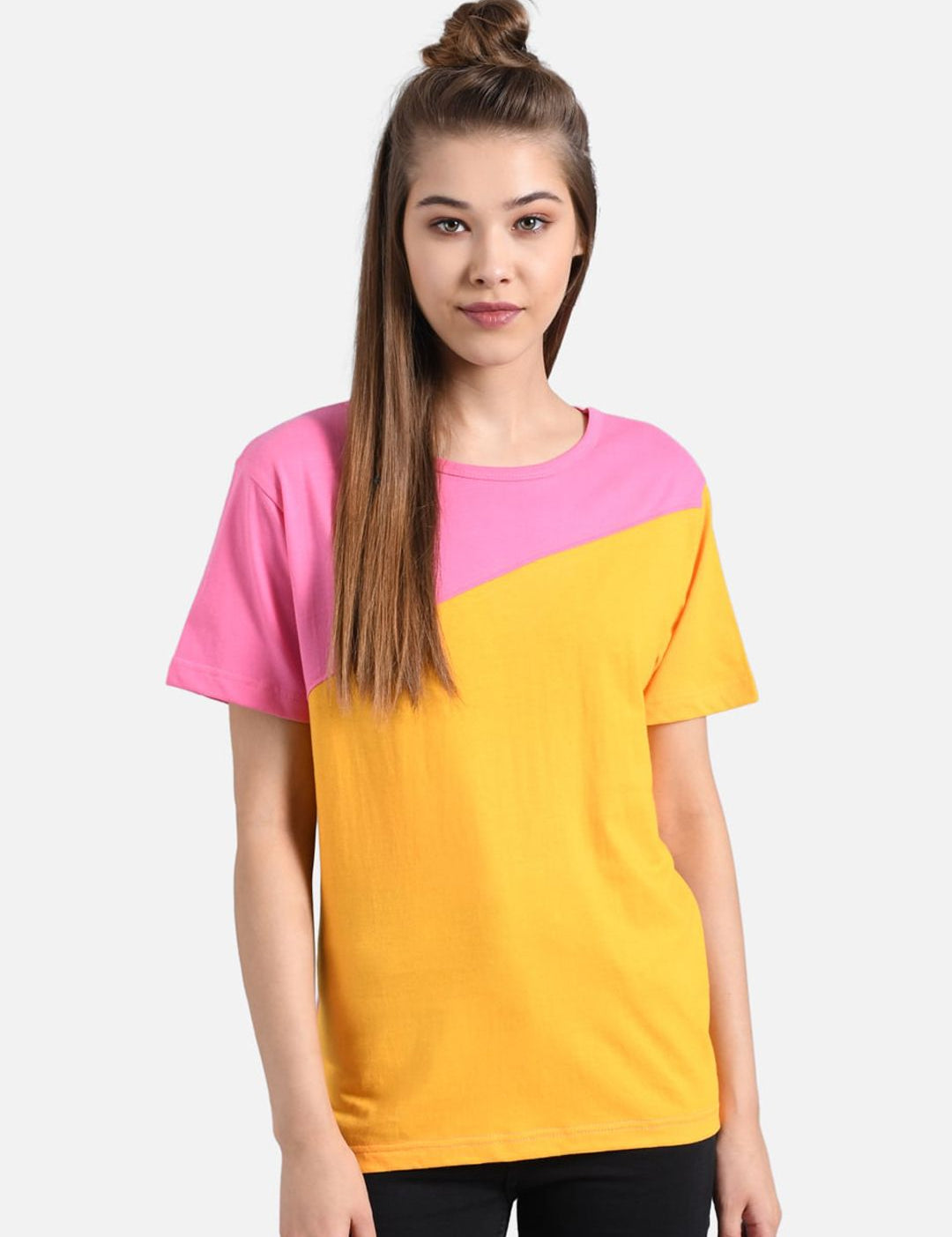 Kotty Women Pink Colourblocked Round Neck T-shirt