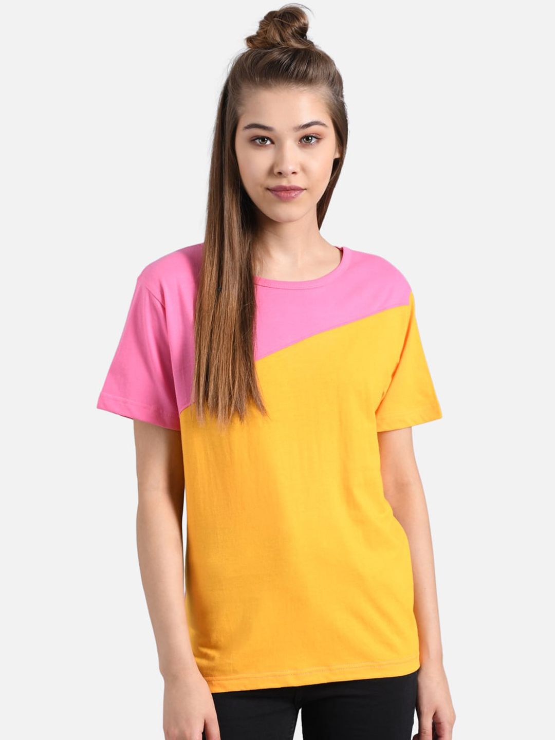 Kotty Women Pink Colourblocked Round Neck T-shirt
