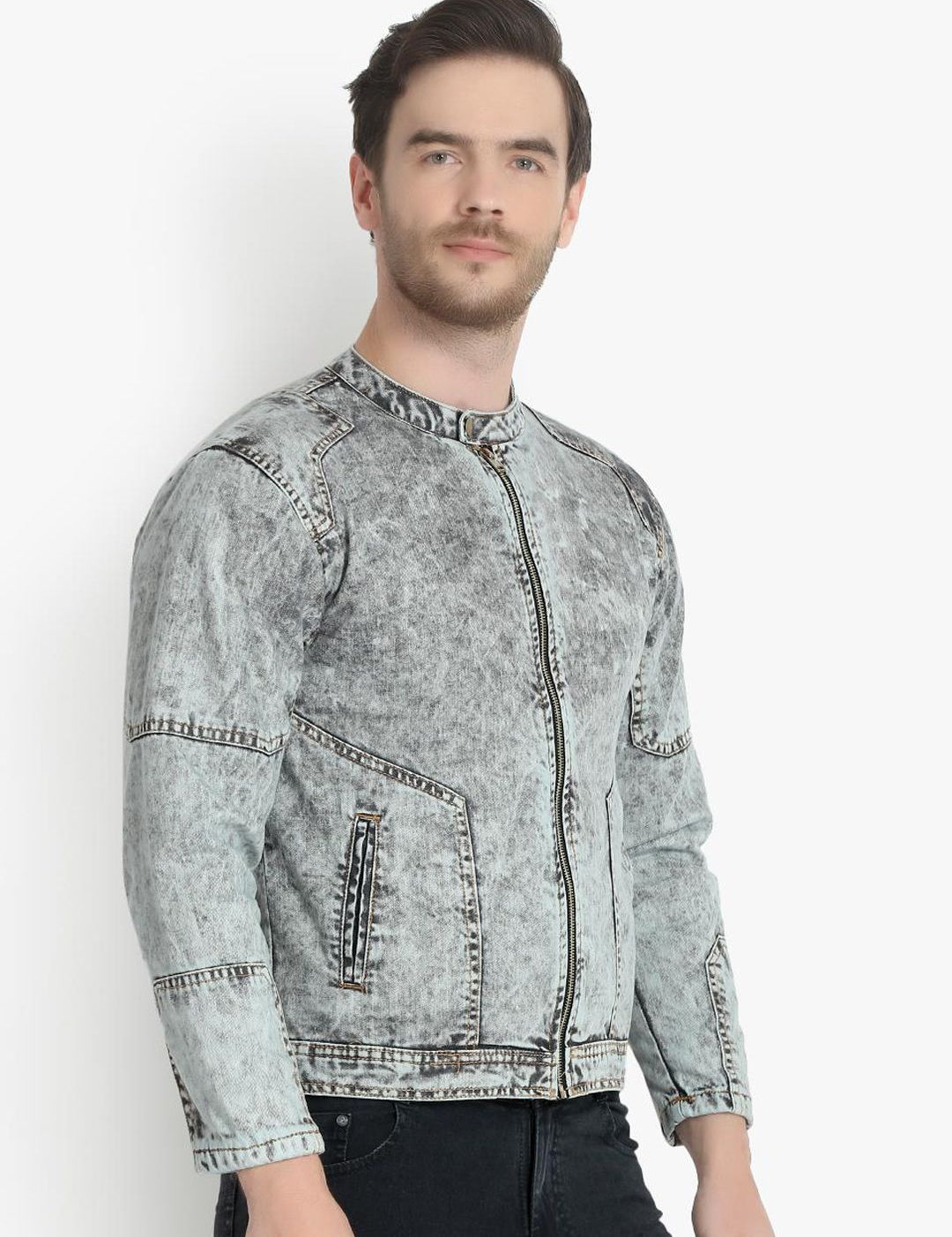 Kotty Men Grey Solid Denim Jacket