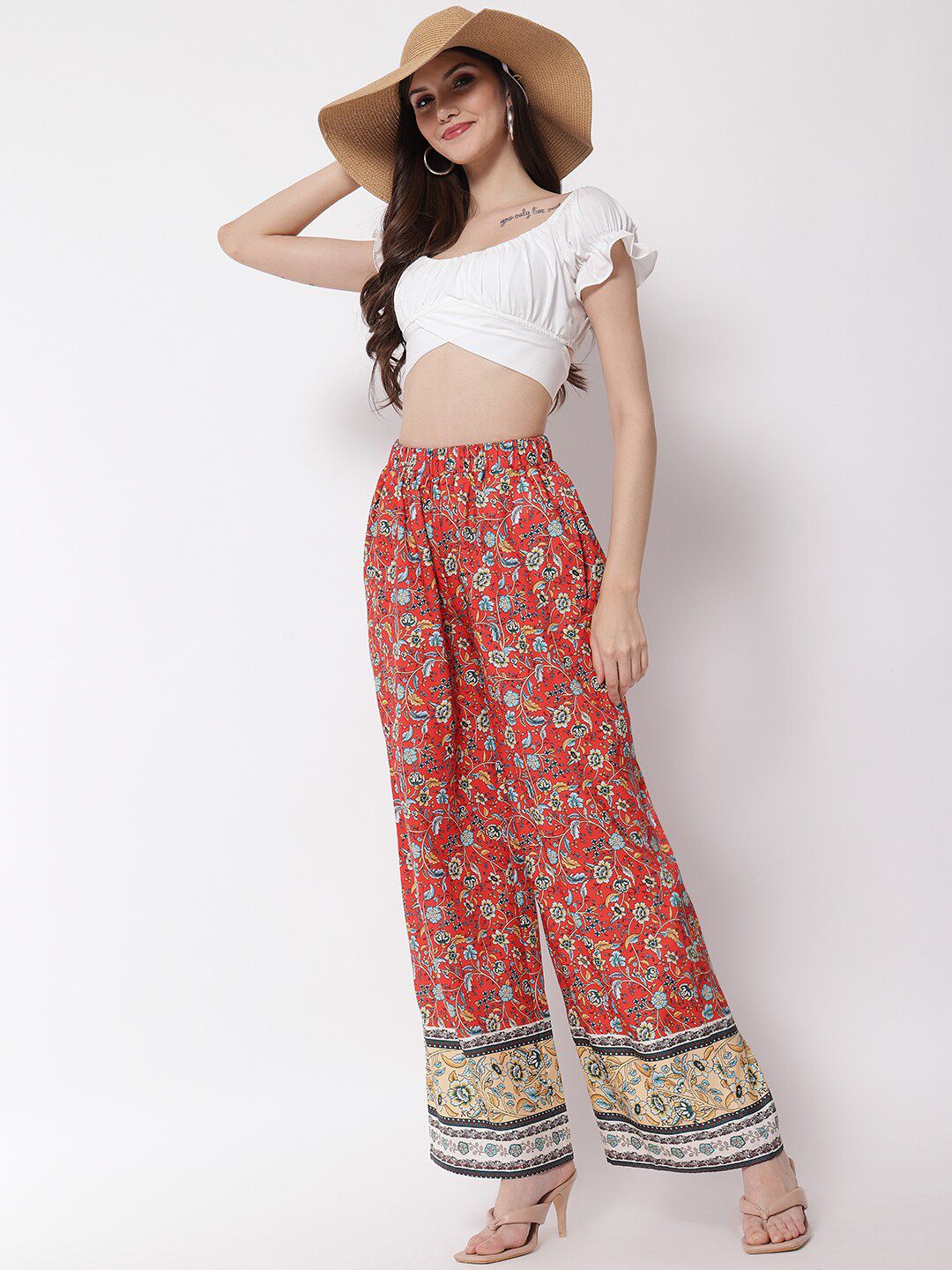 Kotty Women Red Ethnic Motifs Printed Relaxed Flared High-Rise Easy Wash Trousers