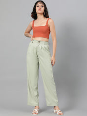 Kotty Women Green Relaxed Straight Leg Fit High-Rise Easy Wash Pleated Parallel Trousers
