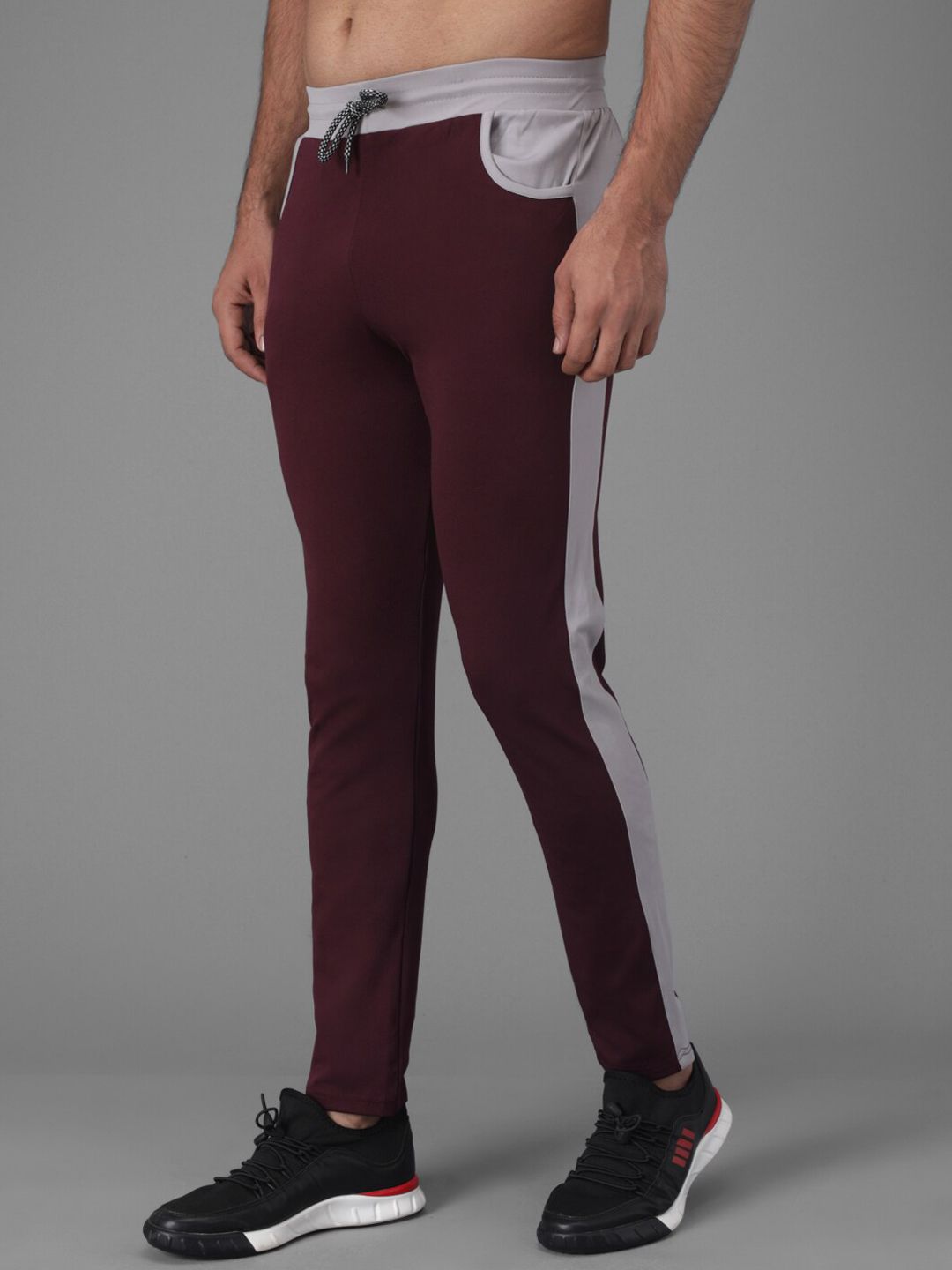 Kotty Men Maroon & Grey-Melange Solid Slim-Fit Track Pants