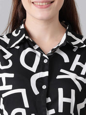 Kotty Black & White Typography Printed Shirt Style Midi Dress