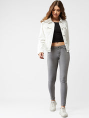 Kotty Women White Solid Denim Jacket