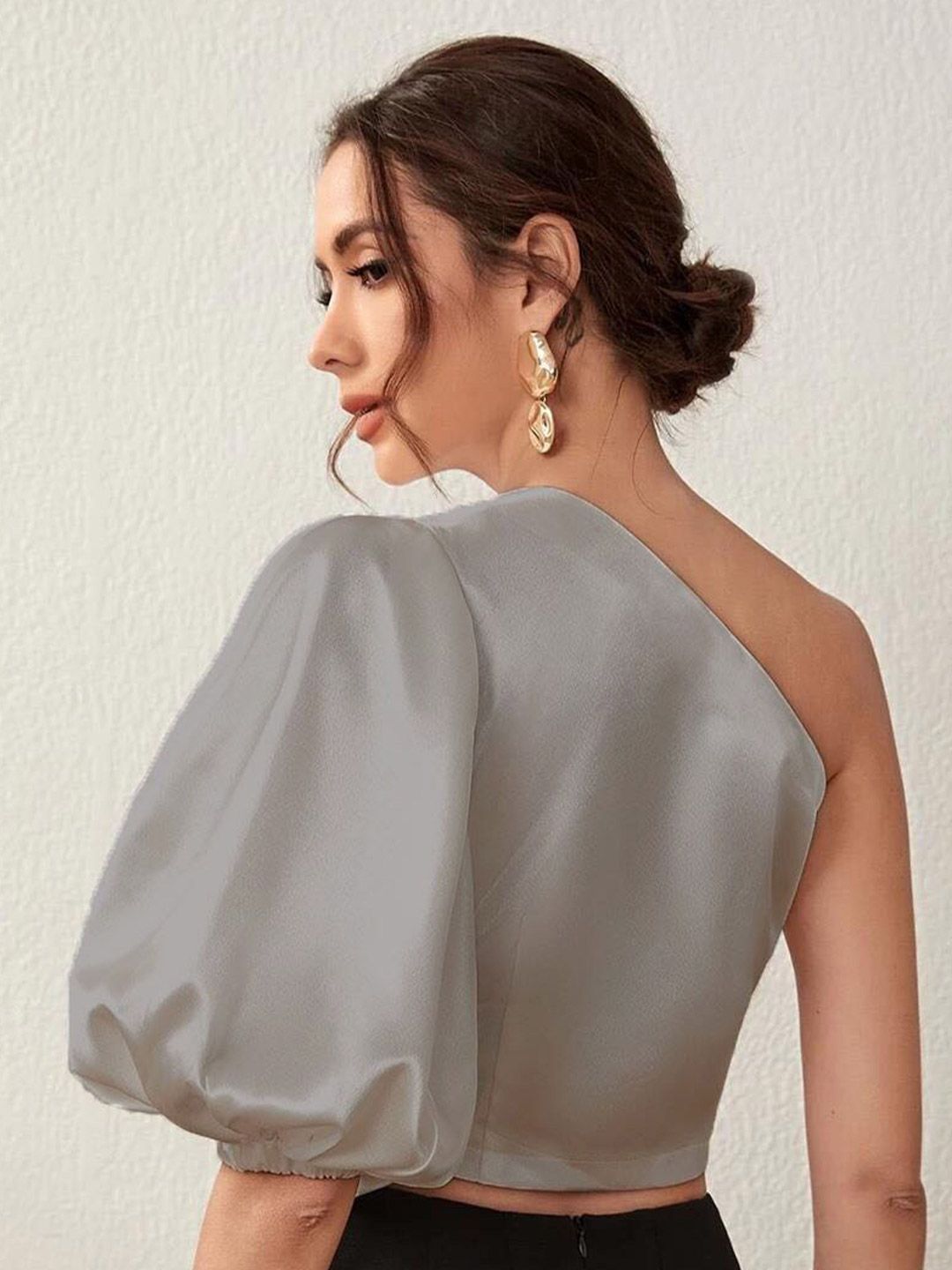 Kotty Grey One Shoulder Puff Sleeve Satin Crop Top