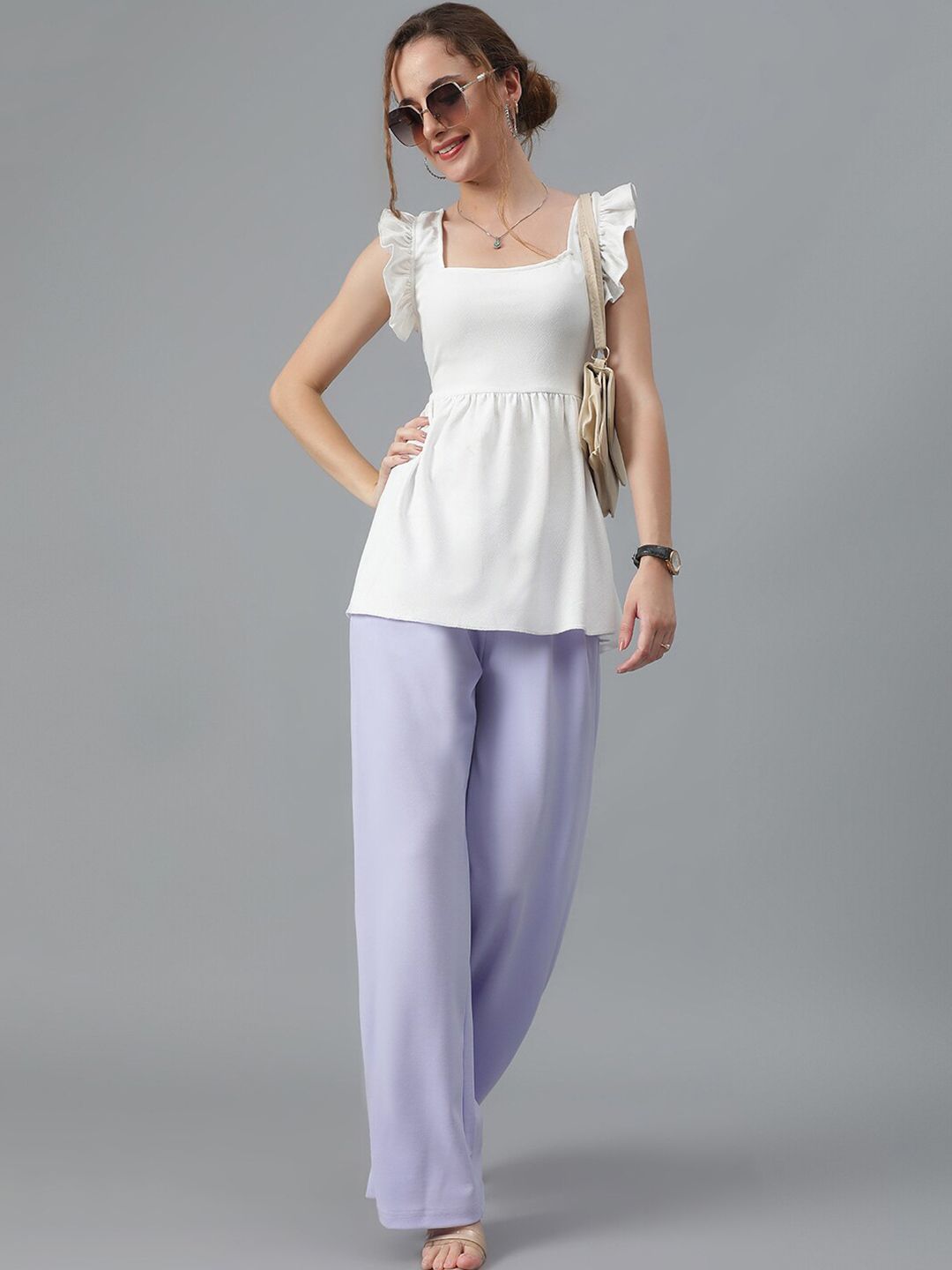 Kotty White Square Neck Flutter Sleeves A-Line Top