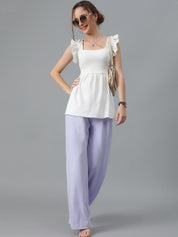 Kotty White Square Neck Flutter Sleeves A-Line Top