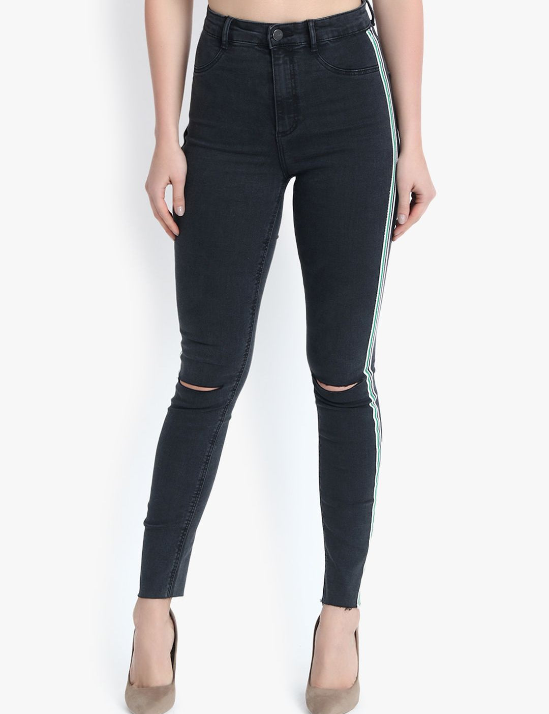 Kotty Women Black Skinny Fit High-Rise Slash Knee Stretchable Jeans