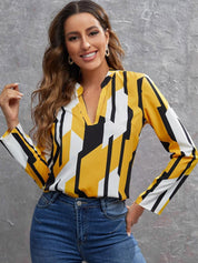 Kotty Yellow Geometric Printed Mandarin Collar Satin Top