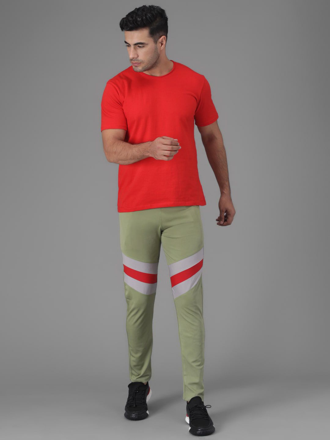 Kotty Men Green & Grey Striped Straight Fit Track Pants