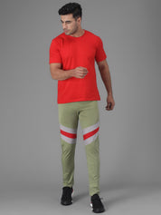 Kotty Men Green & Grey Striped Straight Fit Track Pants