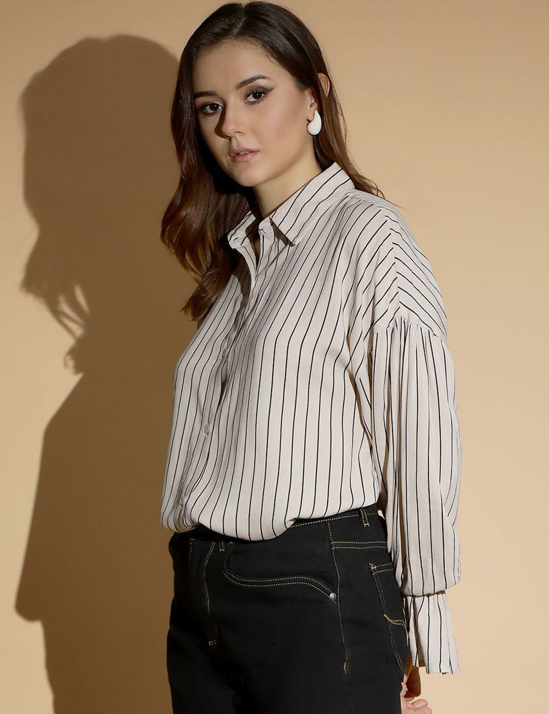 Kotty Women Spread Collar Vertical Striped Cotton Oversized Casual Shirt