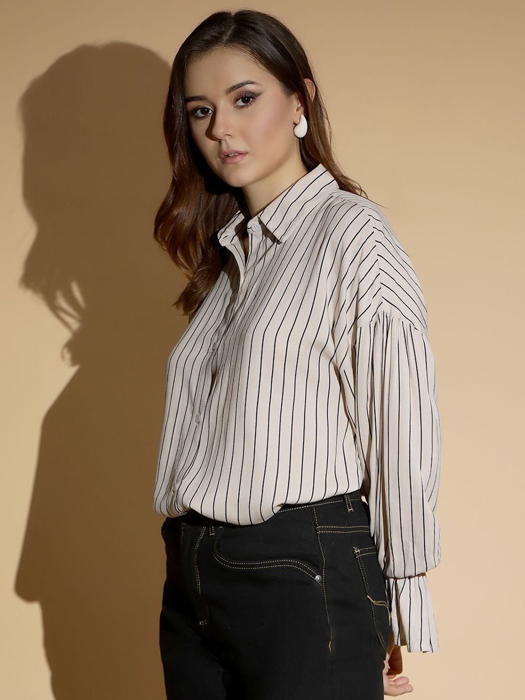 Kotty Women Spread Collar Vertical Striped Cotton Oversized Casual Shirt