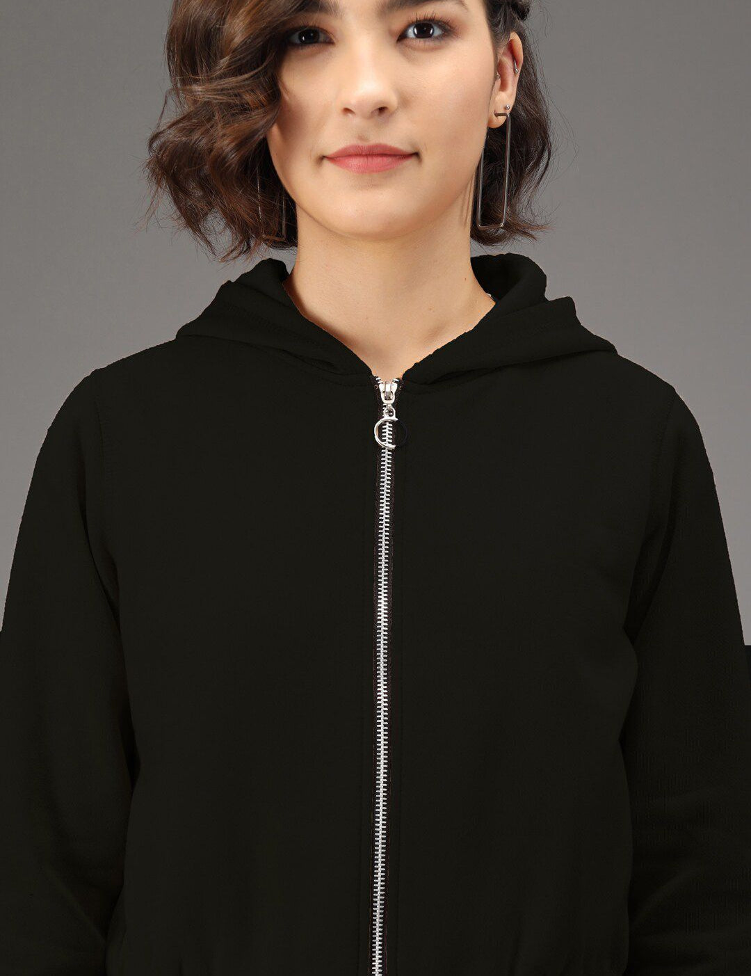 Kotty Women Black Solid Hooded Front-Open Cropped Sweatshirt