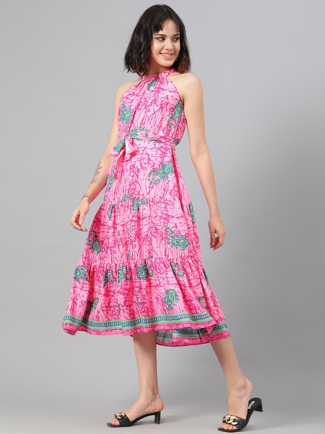Kotty Floral Printed Halter Neck Layered Crepe Fit & Flare Midi Dress