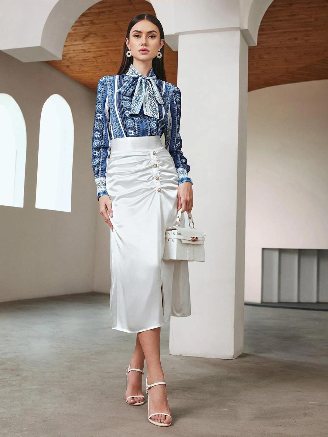 Kotty Ethnic Motifs Printed Tie-Up Neck Satin Shirt Style Top