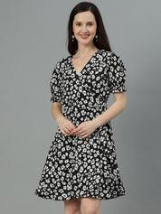 Kotty Black & White Floral Printed Puff Sleeves Crepe Wrap Dress