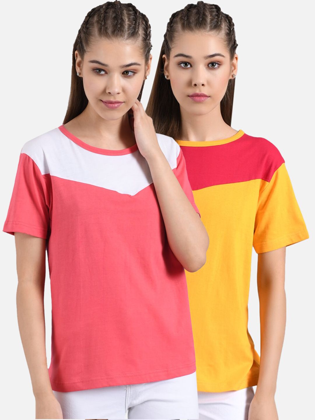 Kotty Women Pink & Yellow Pack of 2 Colourblocked Round Neck Tshirts