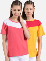 Kotty Women Pink & Yellow Pack of 2 Colourblocked Round Neck Tshirts