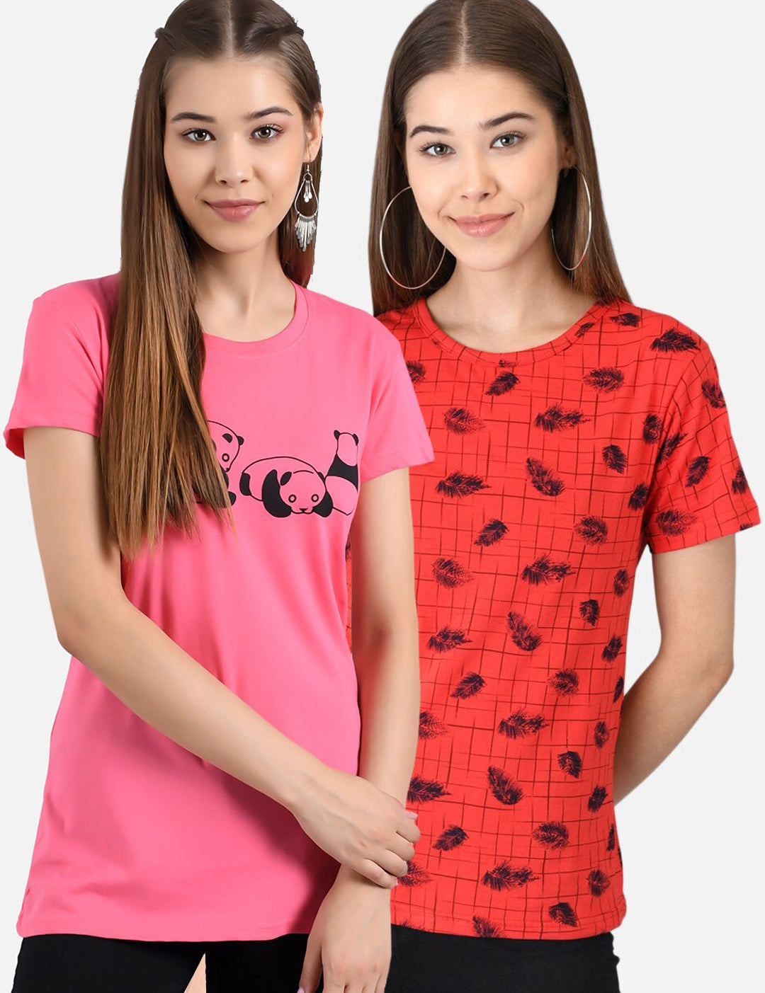 Kotty Women Pack of 2 Pink & Red Printed Round Neck T-shirts