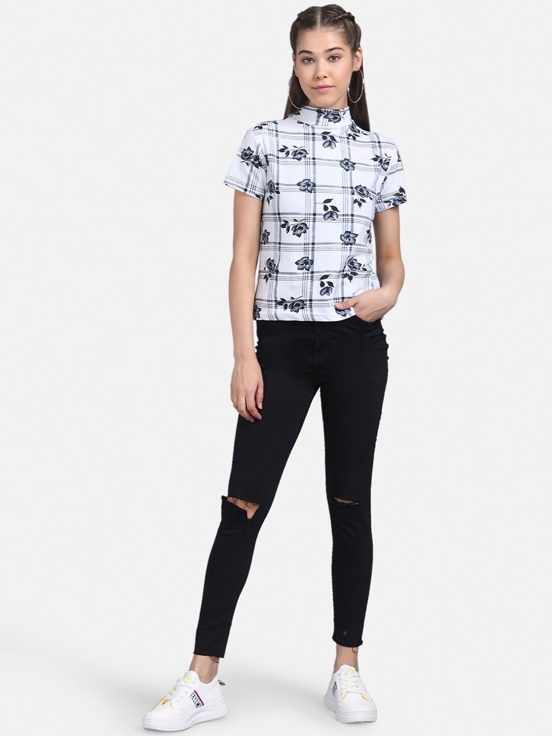 Kotty Women White Checked Pure Cotton Top