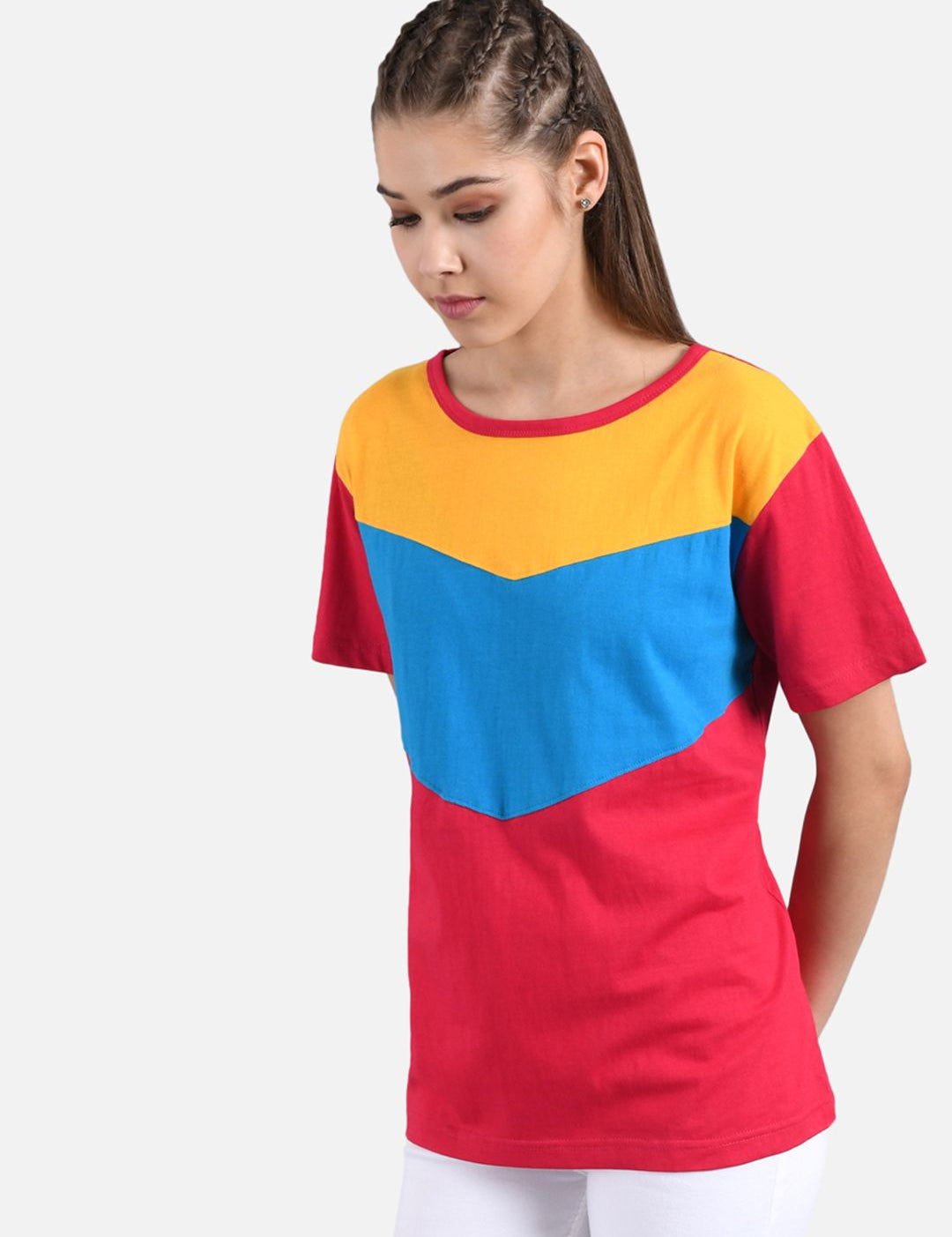 Kotty Women Red & Blue Colourblocked Boat Neck T-shirt