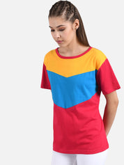Kotty Women Red & Blue Colourblocked Boat Neck T-shirt