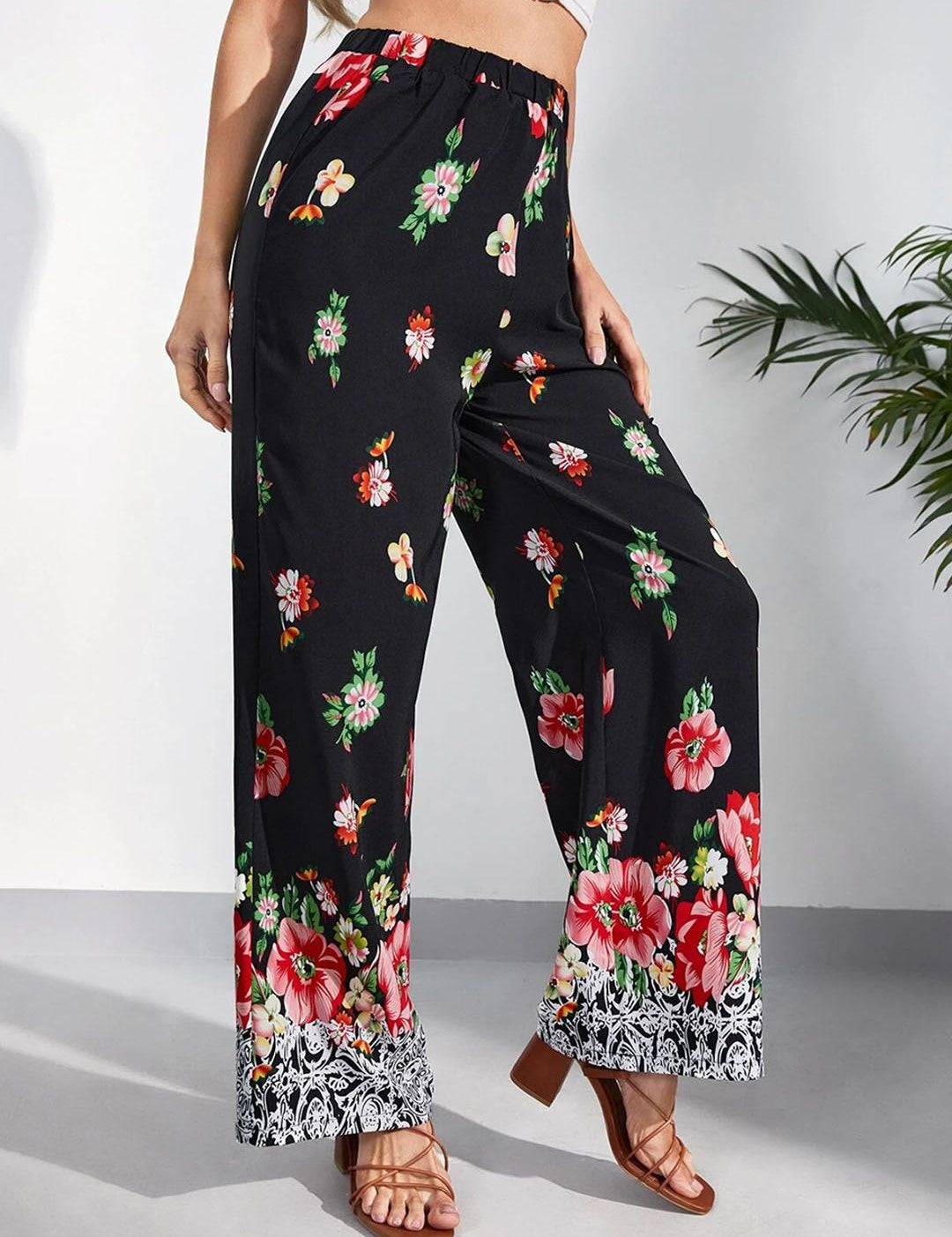 Kotty Women Multicoloured Floral Printed Relaxed Straight Fit High-Rise Easy Wash Trousers
