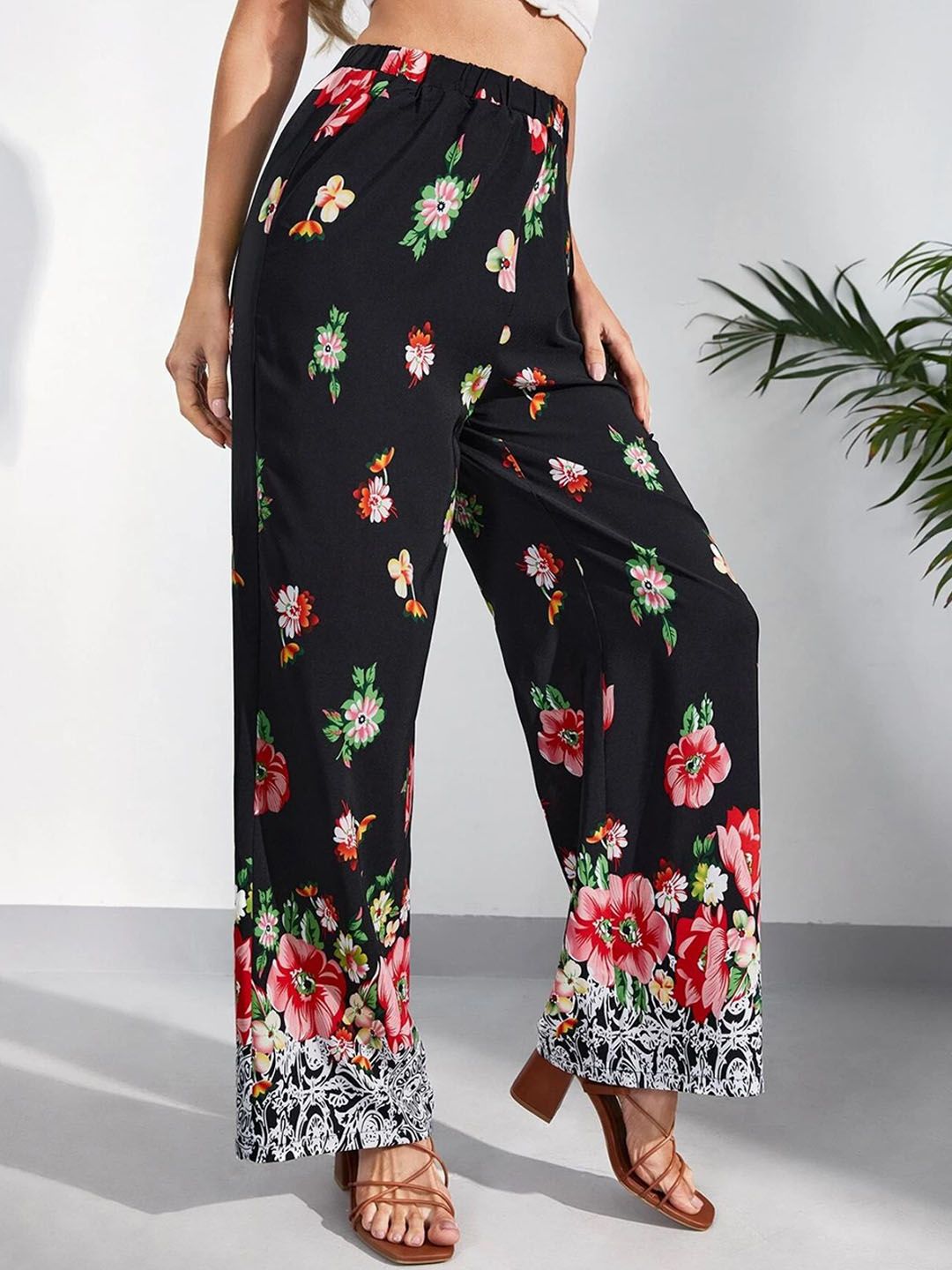 Kotty Women Multicoloured Floral Printed Relaxed Straight Fit High-Rise Easy Wash Trousers