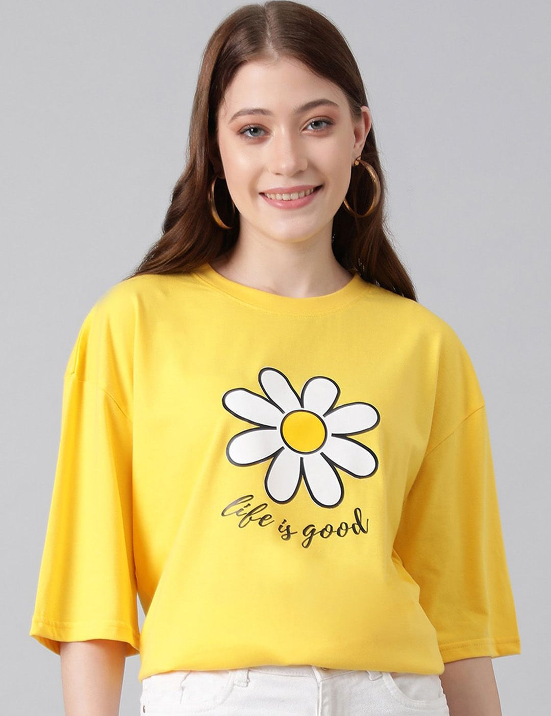 Kotty Floral Printed Drop-Shoulder Sleeves Cotton Oversized T-shirt