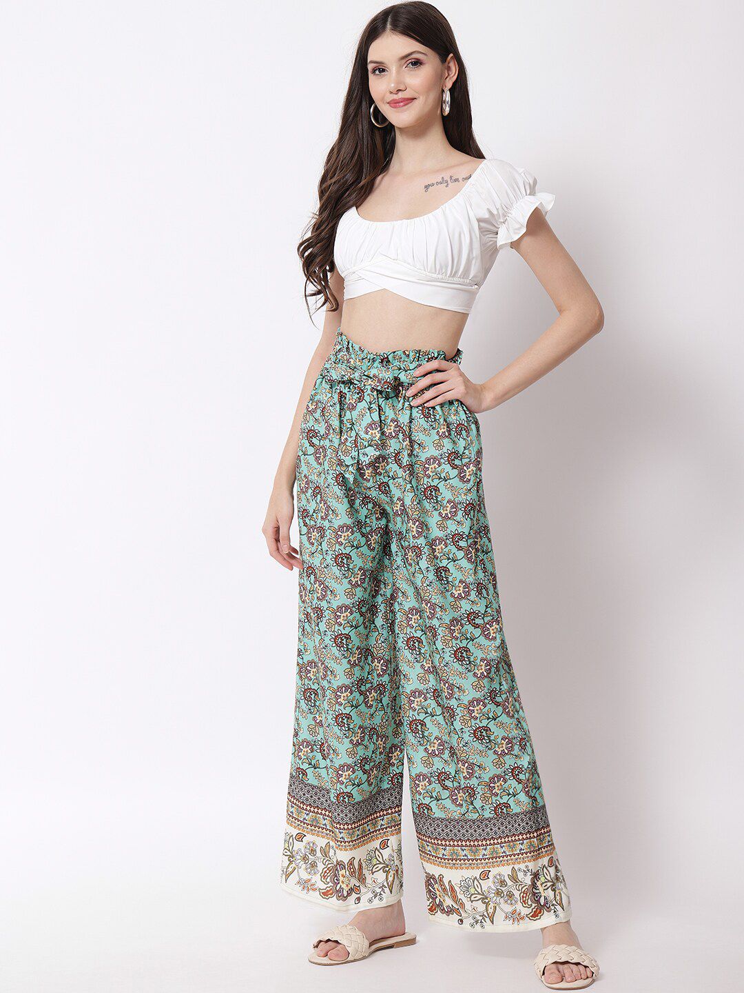 Kotty Women Green and Brown Floral Printed Relaxed Flared High-Rise Trousers