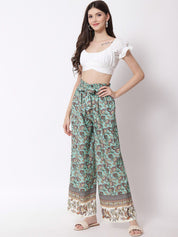 Kotty Women Green and Brown Floral Printed Relaxed Flared High-Rise Trousers
