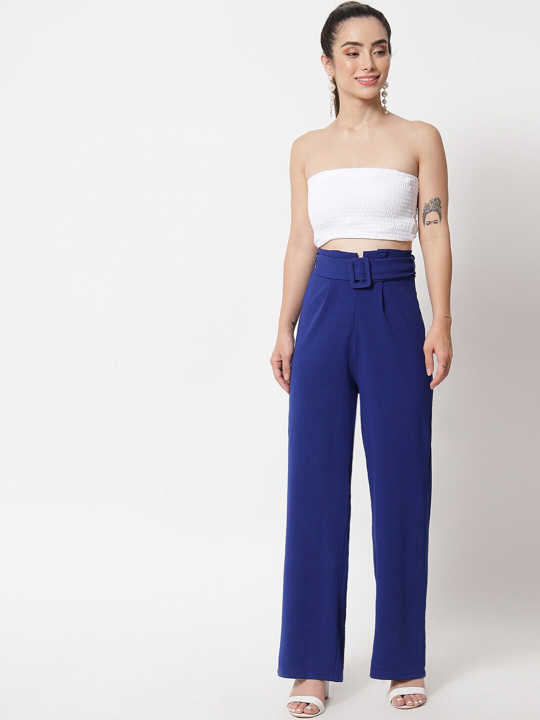 KOTTY BIZwear Women Blue Relaxed Straight Fit High-Rise Easy Wash Pleated Trousers