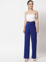 KOTTY BIZwear Women Blue Relaxed Straight Fit High-Rise Easy Wash Pleated Trousers