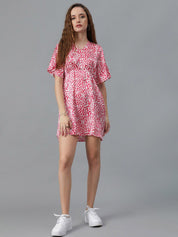 Kotty White & Red Animal Printed V Neck Flared Sleeves Crepe A Line Mini Dress