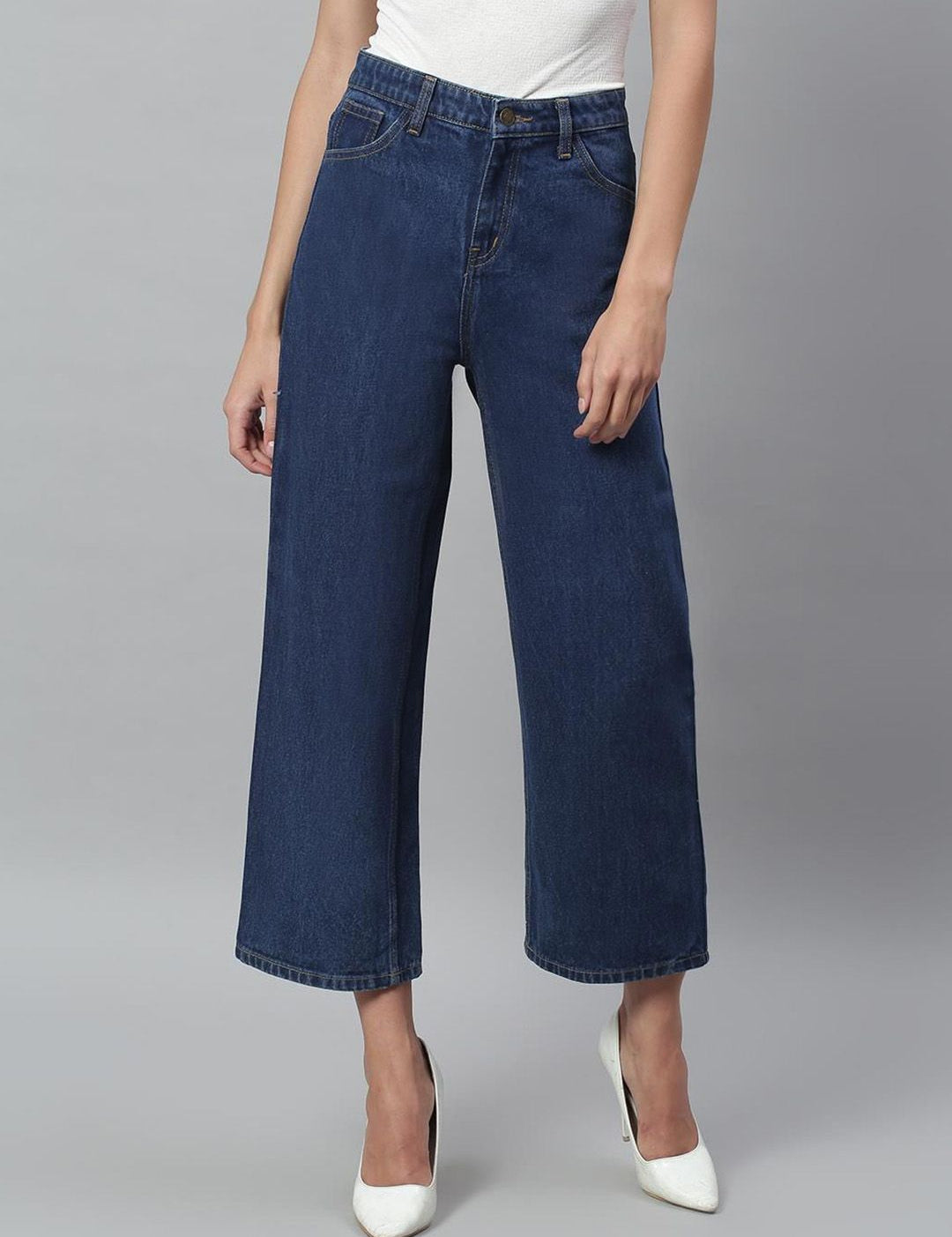 Kotty Women Wide Leg High-Rise Stretchable Cotton Cropped Jeans