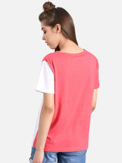 Kotty Women White & Pink Colourblocked Round Neck T-shirt