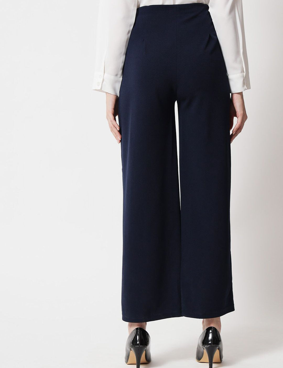 Kotty Women Navy Blue Relaxed Straight Fit High-Rise Easy Wash Trousers