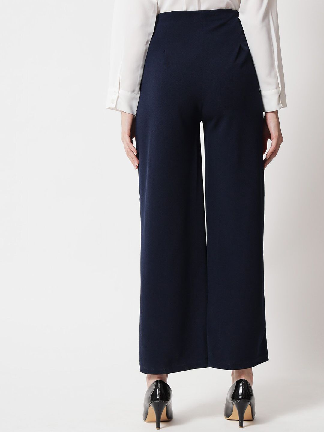 Kotty Women Navy Blue Relaxed Straight Fit High-Rise Easy Wash Trousers