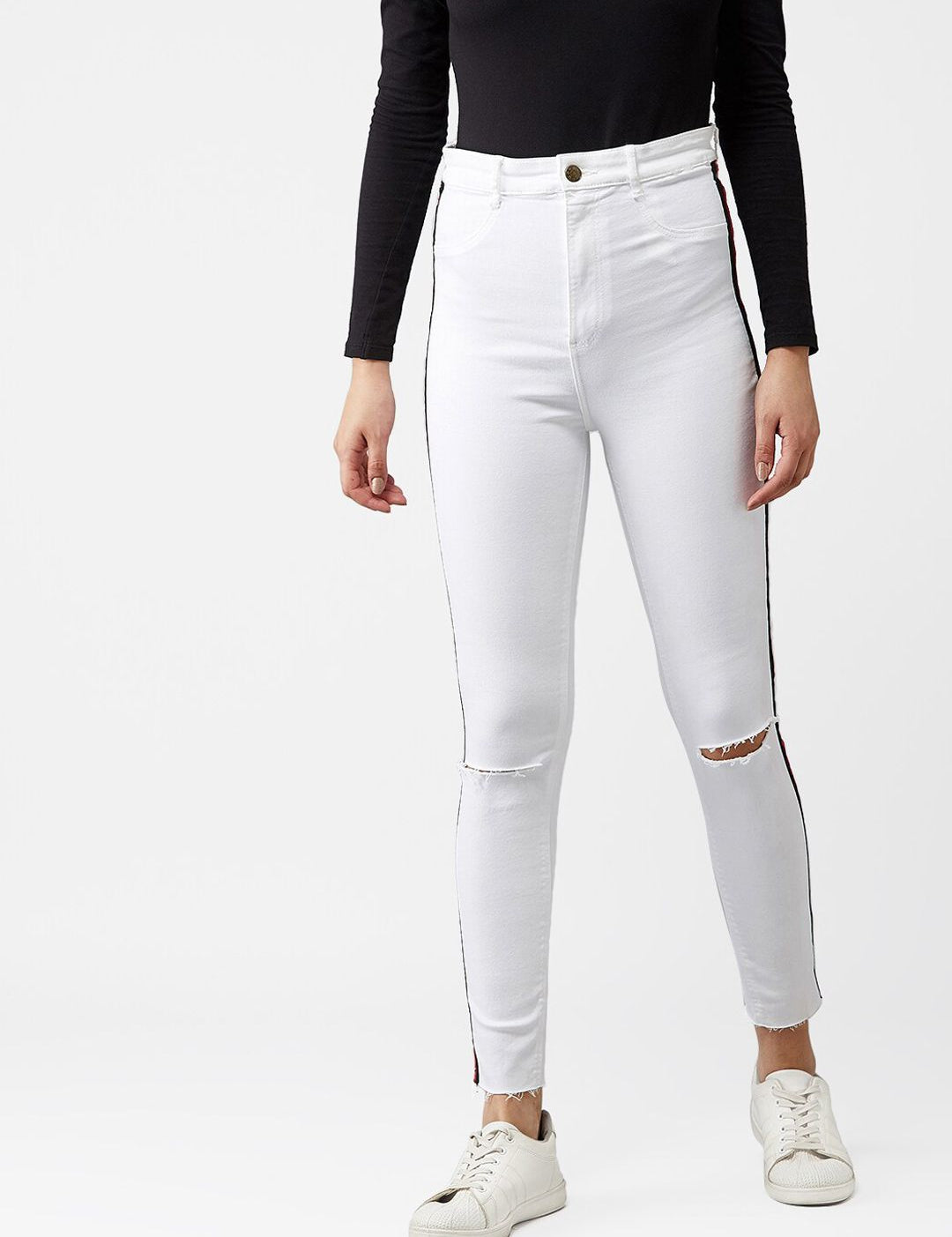 Kotty Women White Skinny Fit High-Rise Slash Knee Jeans With Side Stripes