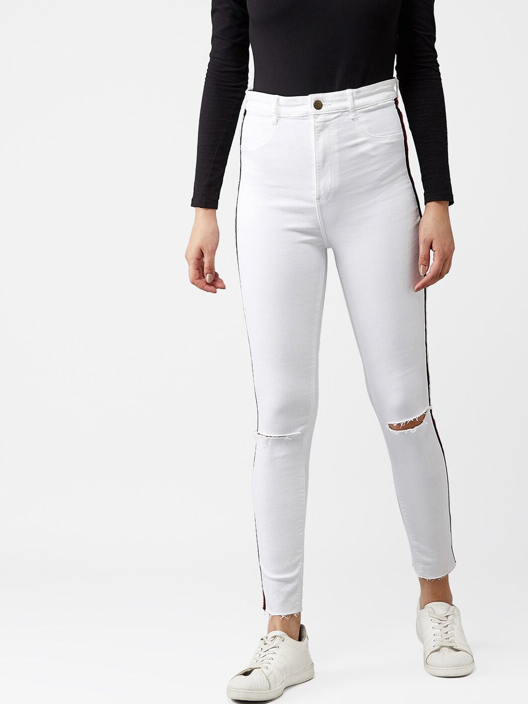 Kotty Women White Skinny Fit High-Rise Slash Knee Jeans With Side Stripes
