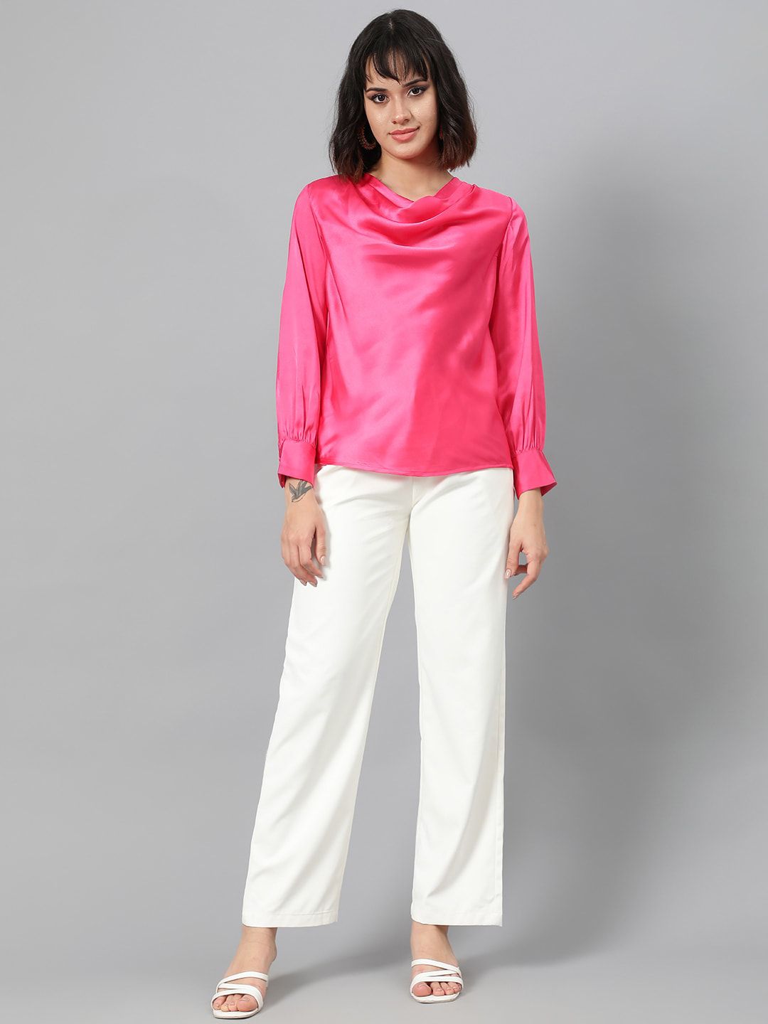 Kotty Women White Relaxed Straight Leg Fit High-Rise Easy Wash Pleated Parallel Trousers