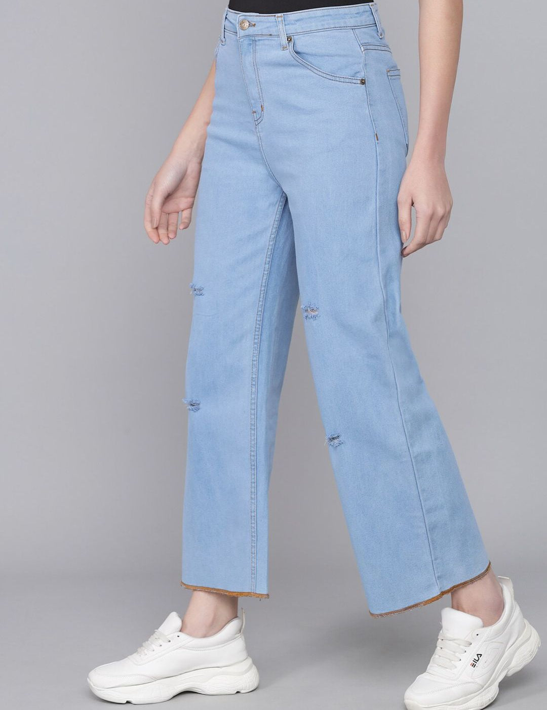 Kotty Women Turquoise Blue Flared High-Rise Slash Knee Jeans